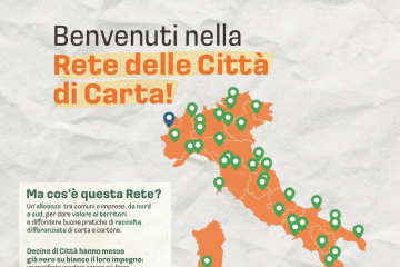 locandina della campagna rete delle città di carta sulla raccolta differenziata della carta in Italia